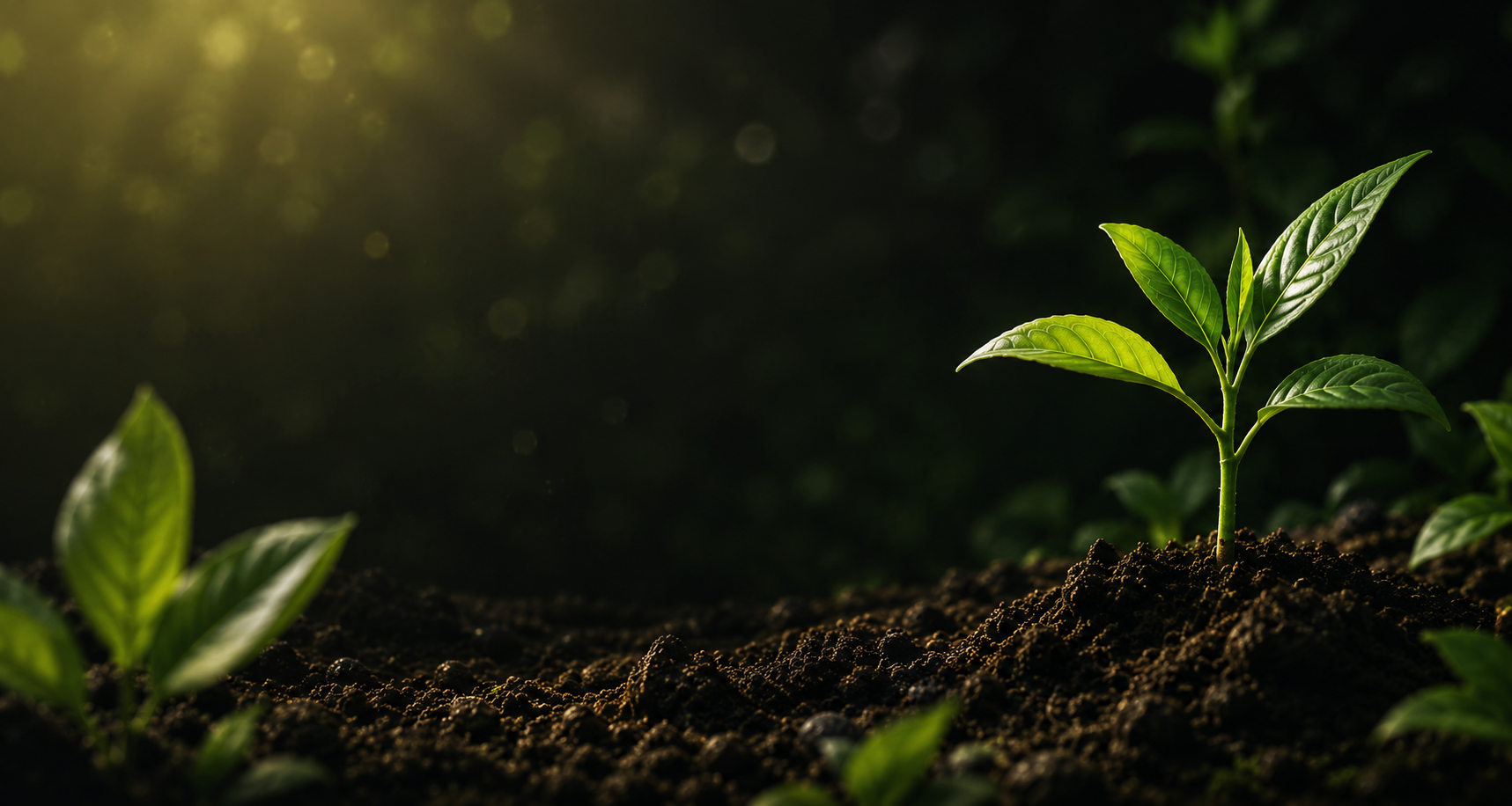 A young sprout rising from dark soil in warm backlight