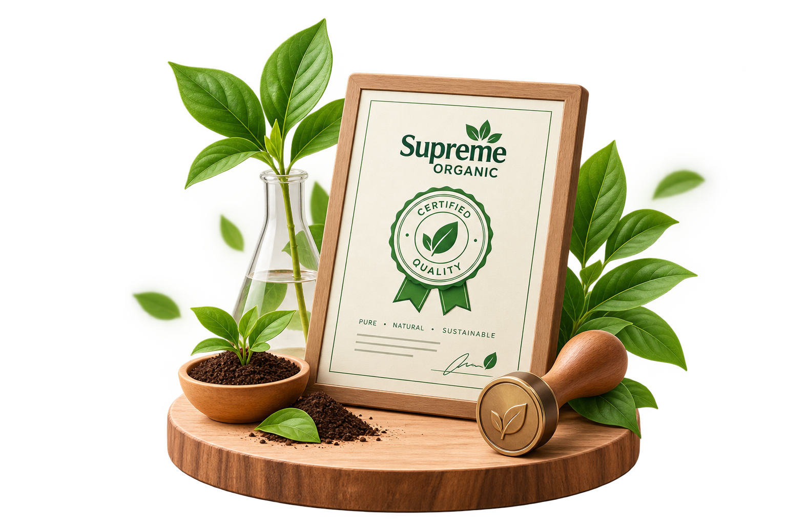 Framed Supreme Organic certificate on a wooden podium with seedlings, a flask, compost and a wax stamp