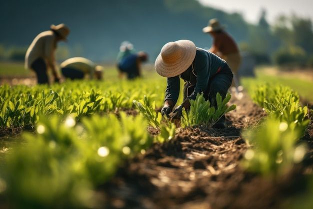 Farmers tending young crops in an organic field